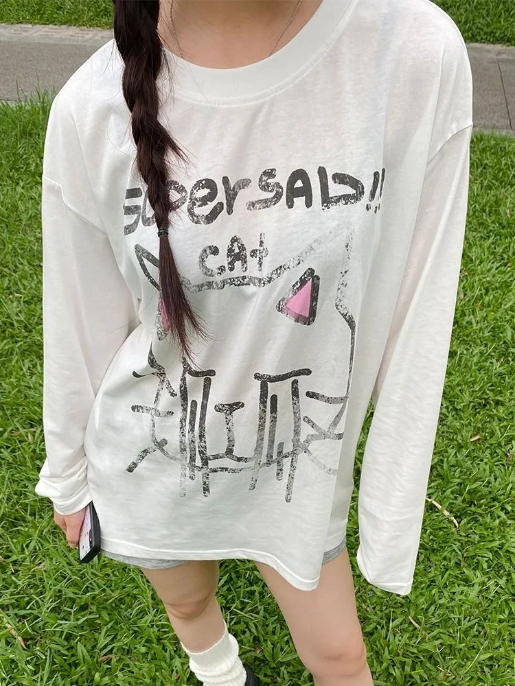 Crying Cat doodle funny t shirts long sleeve white tops loose grunge e-girl pullover harajuku japanese Y2K Kawaii clothes casual