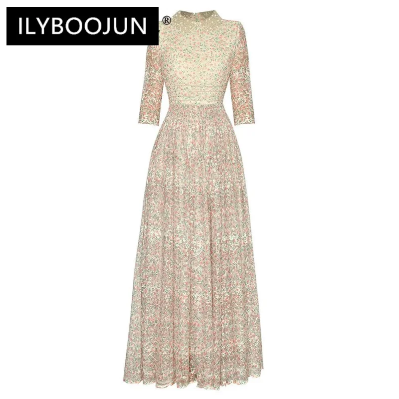 

ILYBOOJUN 2024 Summer High Quality Women Dress Bohemian Small Floral Print Net Yarn Nail Bead Embroidery Doll Collar Dresses