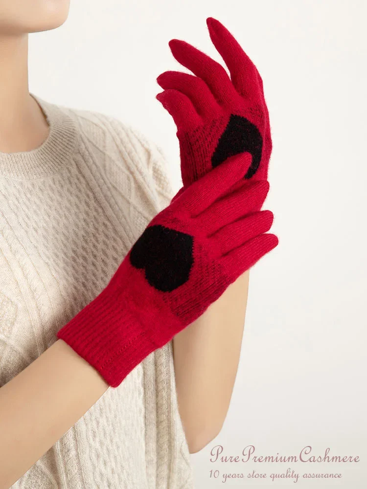 Women Heart Jacquard Gloves 100% Baby Cashmere Thin Knitted Winter Thermal Christmas Gloves Pure Guarantee