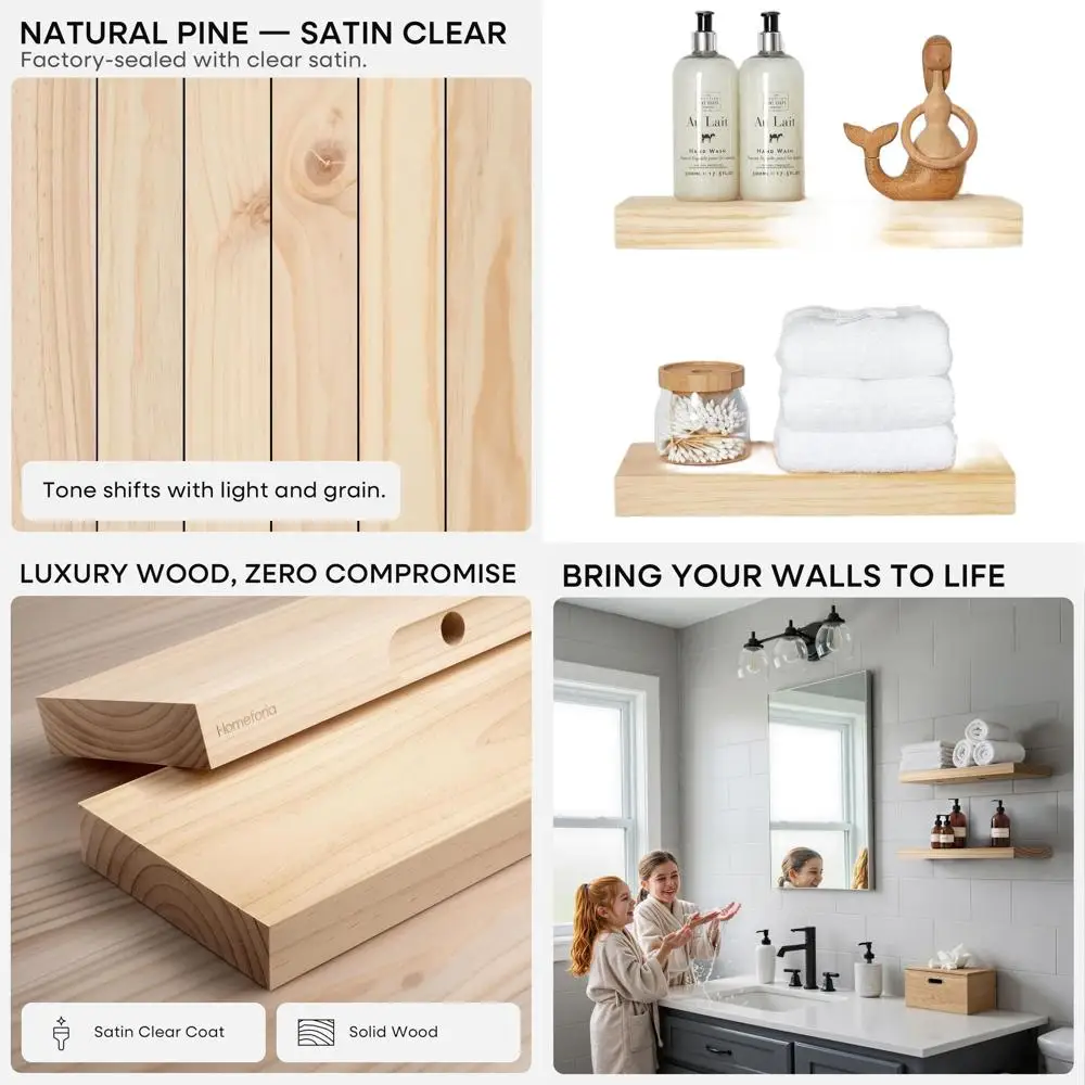 

Set of 3 Natural Wood Floating Shelves, 16 x 6.5 x 1.75, High-End Wall Mount, Heavy Duty Brackets