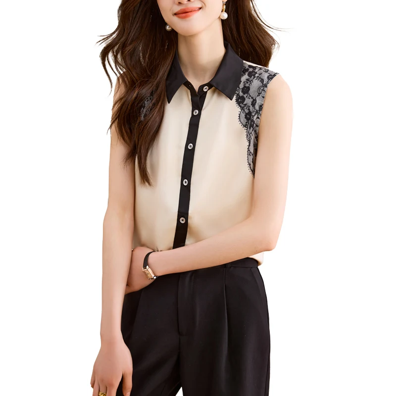 Simulated Silk  Shirt for Woman 2025 Summer Satin Women's Blouse Sleeveless Unique Womens Tops Korean Reviews Many Girls Clothes
