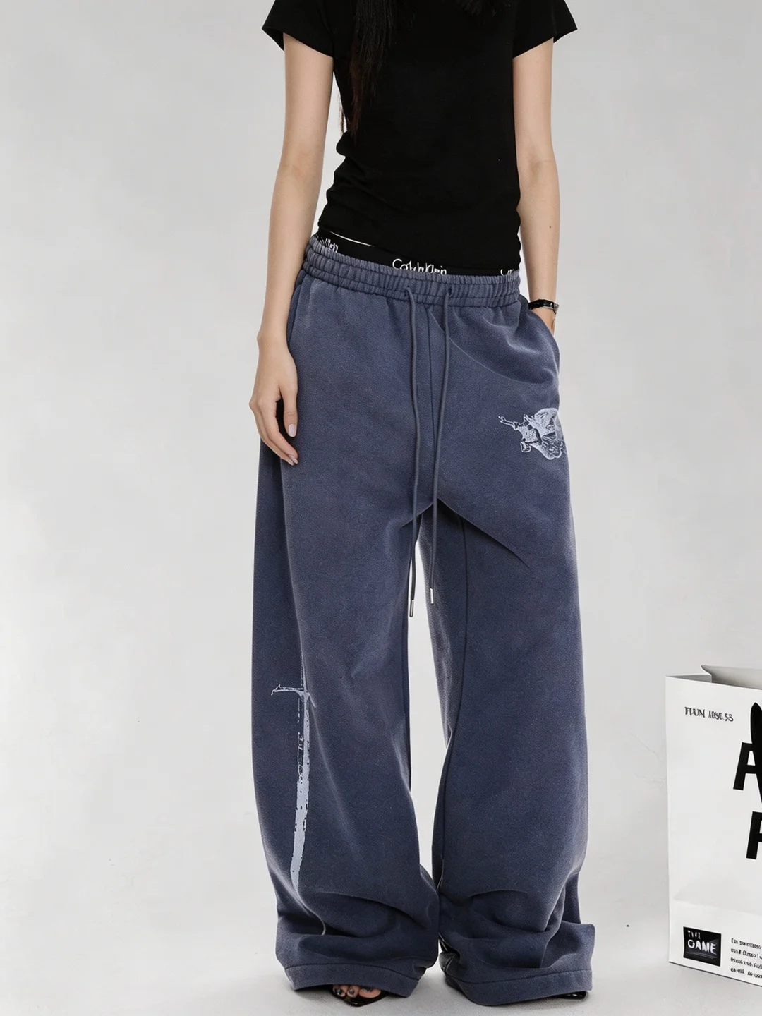 American Retro Spotted Letter Print Drawstring Wide Leg Sweatpants Unisex Autumn Dance Sport Design Casual Pants