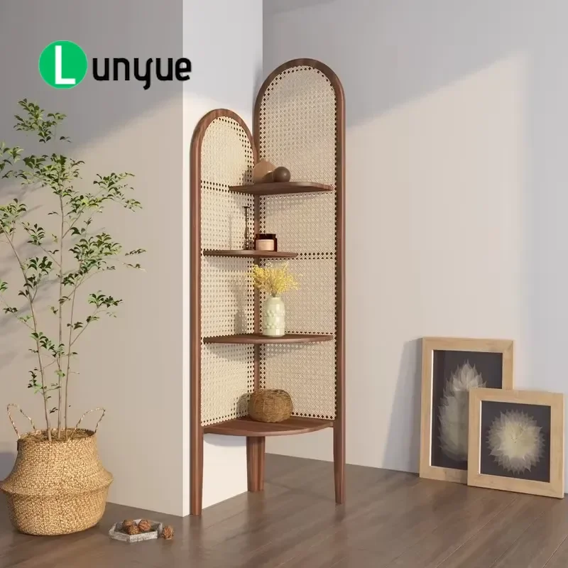 Japanese Style Solid Wood Rattan Triangular Storage Rack Corner Side Cabinet for Living Room Bedroom Balcony Small Apartment
