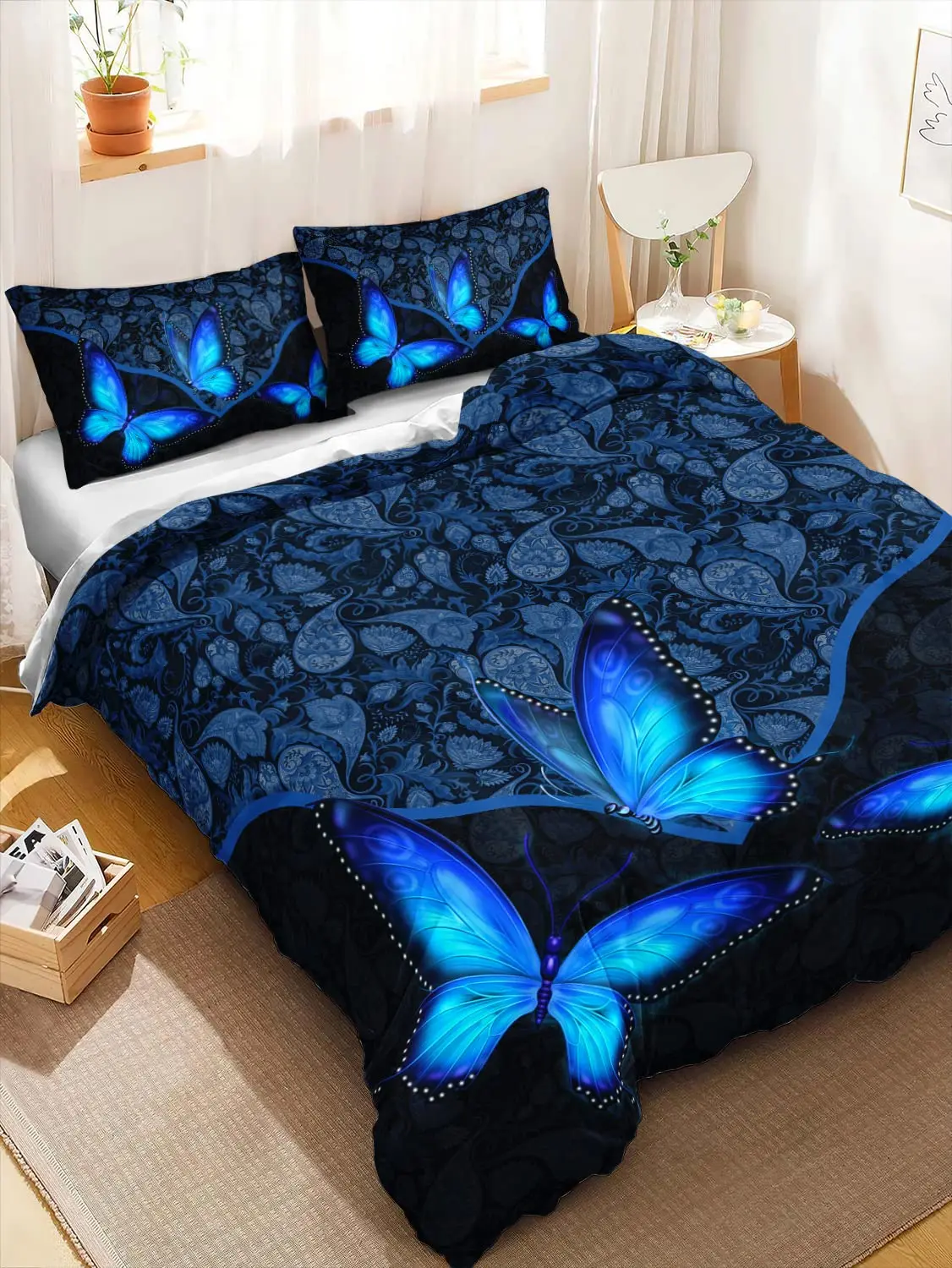 

Blue Butterfly Duvet Cover Set for Girls, Mandala Bedding Boho Floral Bedroom Comforter Cover Butterfly Print King Quilt Covers