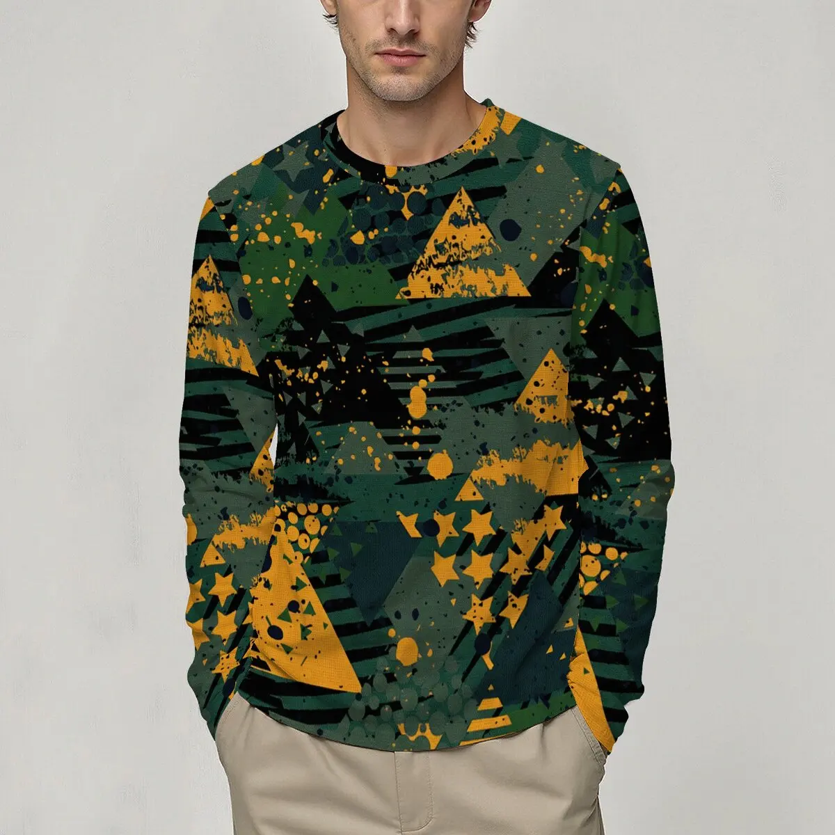 Langarm-T-Shirts für Herren im Herbst und Winter, personalisierte bedruckte Oberteile mit kreativem Farbblock-Design, ideal für Spaziergänge im Freien