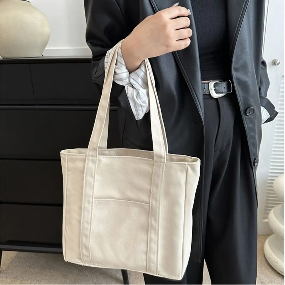 

Solid Color Large-capacity Canvas Bag Portable Comfortable Handle Hand-held Tote Bag Zipper Closure Multi-functional