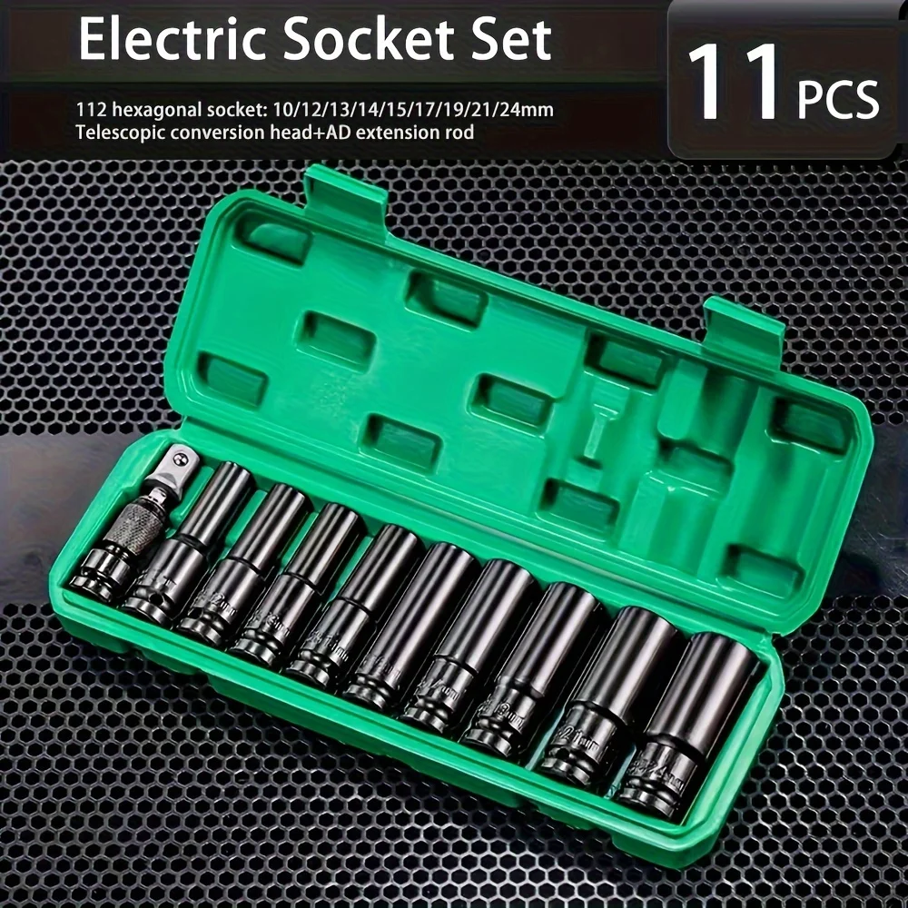 11pcs 1/2-Inch Drive Metric Deep Impact Socket Set 10mm - 24mm,Electric Wrench Socket Tool Set, Heavy Duty Impact Socket Set wit