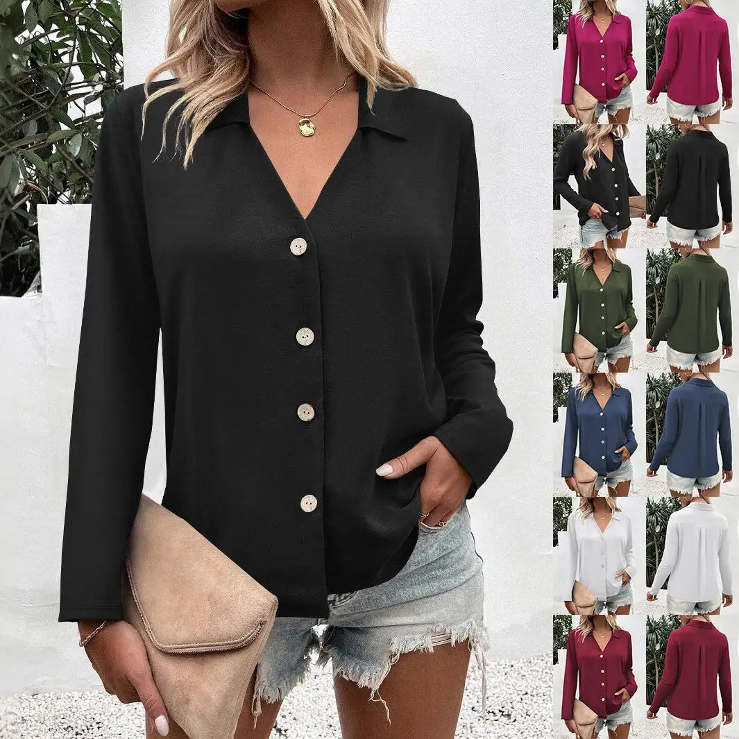 

Women's Long Sleeve Ice Silk Twist Button Shirt Cute Style Regular Fit Non-deformable Pure Color Splice Design Winter Fashion