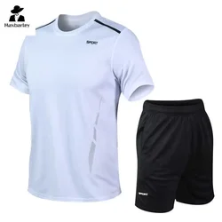 Summer Sports suit Men's Fitness Jogging Silk Ice Mesh Breathable T-shirt +Sports Shorts 2-piece Casual Basketball Training suit