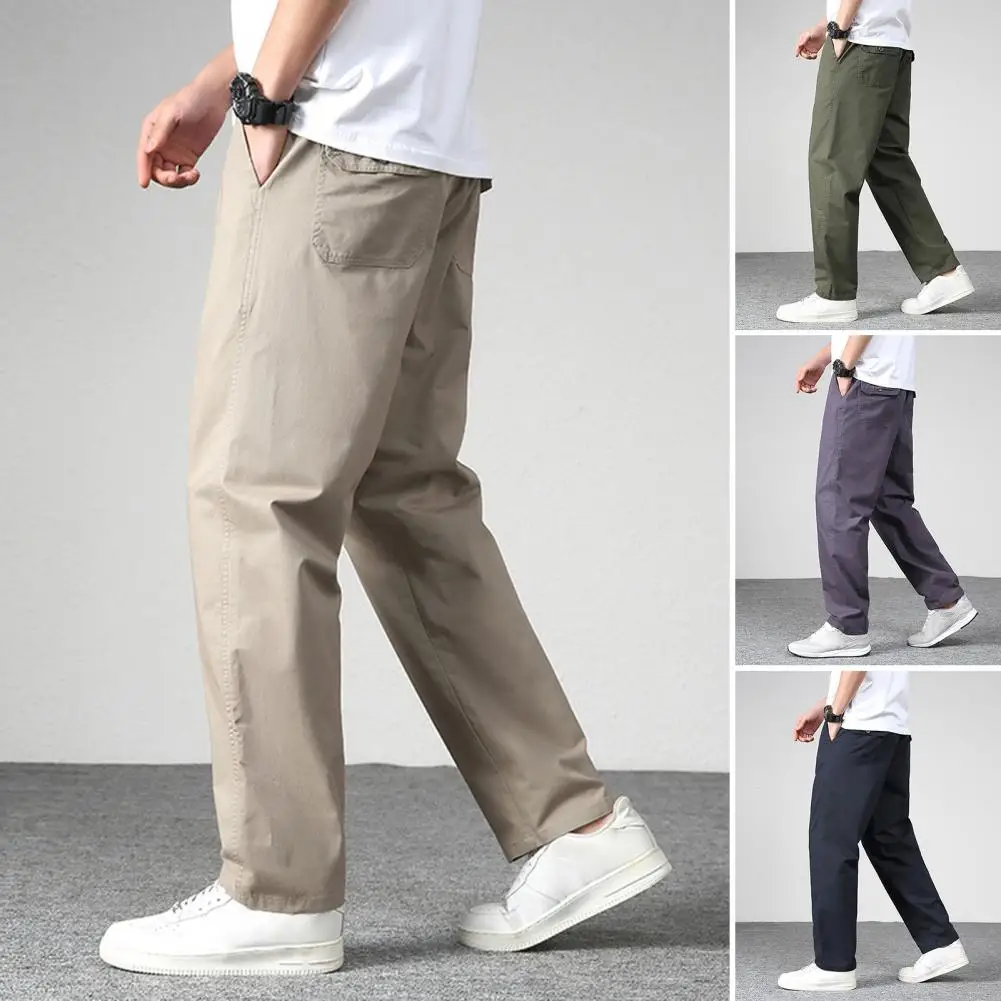 Calça casual diária com múltiplos bolsos para homens, tecido respirável, zíper confortável, ajuste reto, cintura média, verão, outono