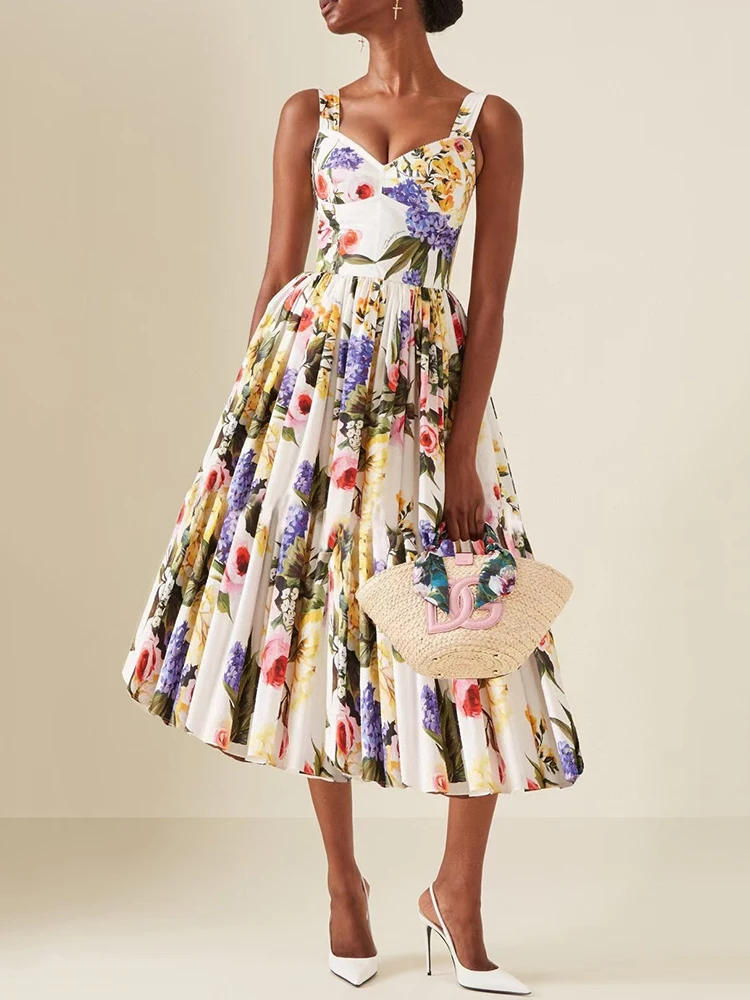 Sexy off-the-shoulder vintage print high waist top slip dress 2024 summer women\'s new fashion loose swing sleeveless dress