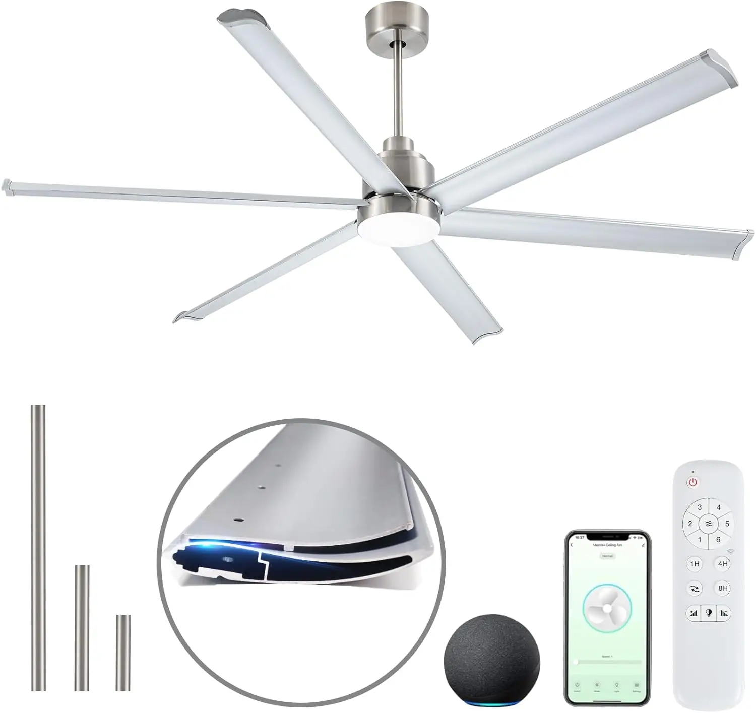 مراوح سقف صناعية ذكية مقاس 84 بوصة مزودة بإضاءة وجهاز تحكم عن بعد، و6 شفرات ألومنيوم مزدوجة الطبقات، ومروحة سقف كبيرة من النيكل المصقول مع 6 سرعات #1