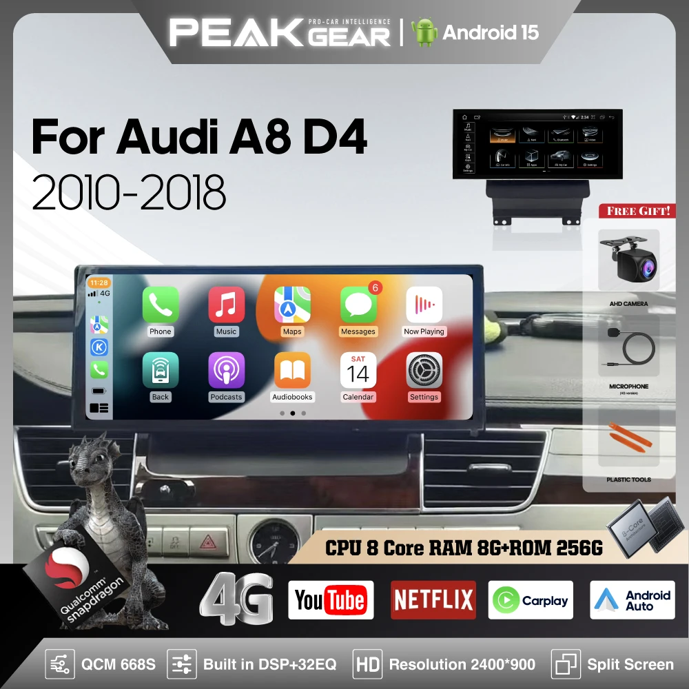 Android 15 For Audi A8 D4 2010-2018 Upgrades 12.3inch Car Multimedia Video Player GPS Navigation Carplay 4G WiFi 360 Camera