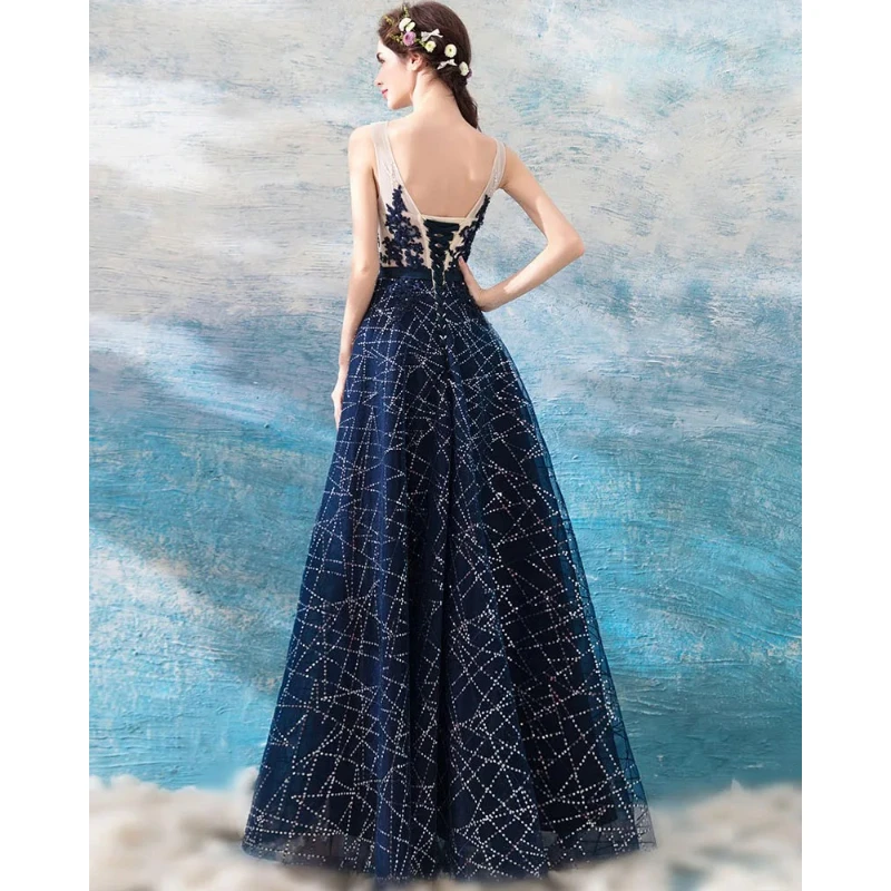 فساتين سهرة رسمية من Vestidos Elegantes Fiesta صيفية أنيقة بنجوم كريستالية مرصعة بالألماس باللون الأزرق الداكن #3