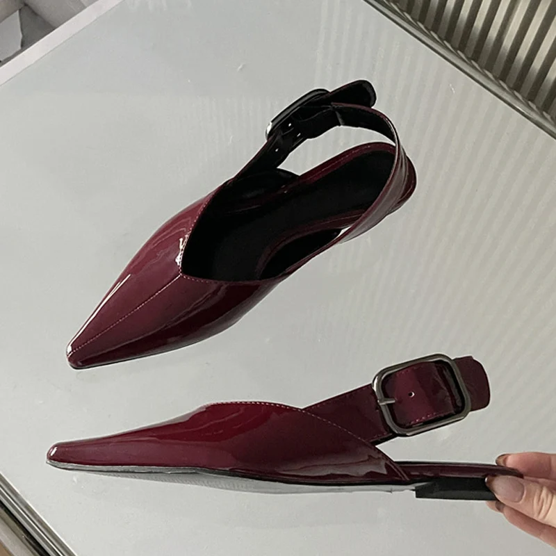 Liyke Fashion Design Big Buckle Strap Women Casual Flat Mules Sandals High Quality Cozy Patent Leather Pointed Toe Dress Shoes