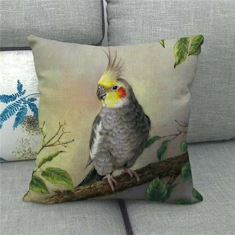 Watercolor bird parrot flower oil painting Digital printing short plush pillow covers for sofa office cushion cover home goods