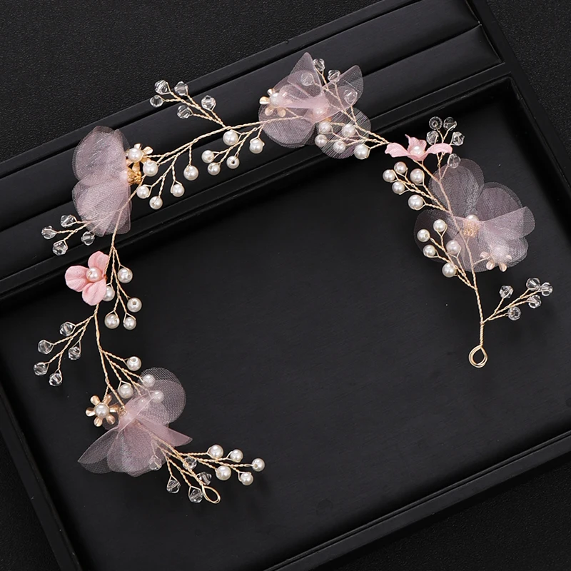 Pink Yarn Flower Wreath Girl Headband Hair Jewelry Pearl Women Tiaras Headpiece Women Wedding Hair Piece Accessories FORSEVEN