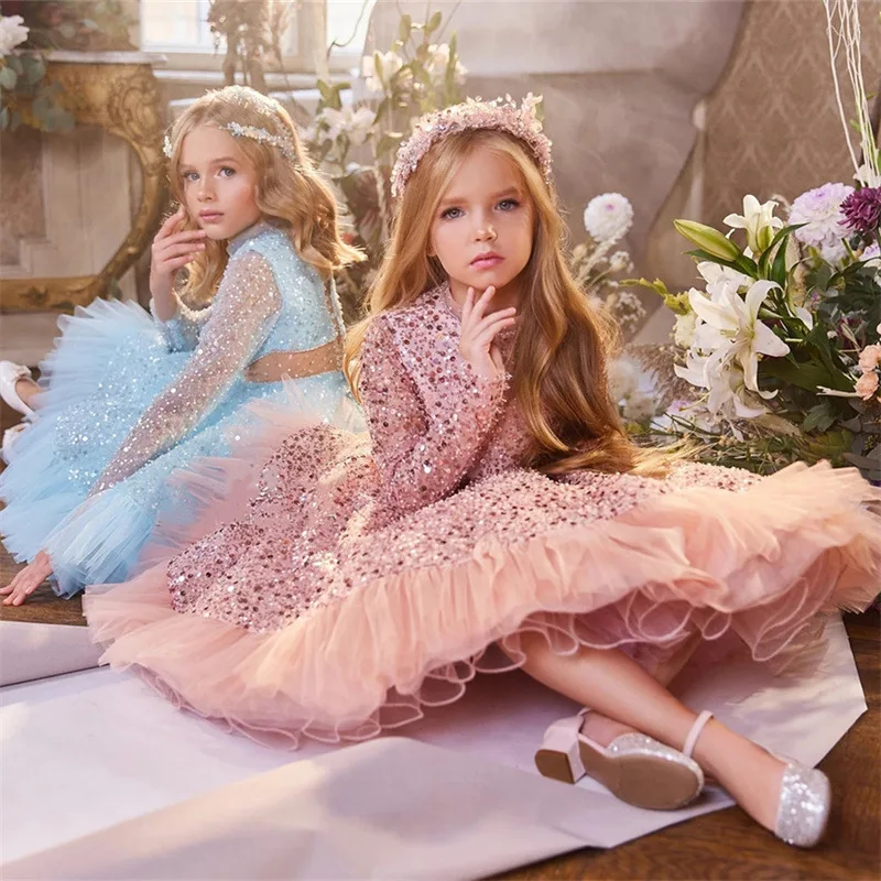 2026 New Children Long Dress Clothes Birthday Piano Show Sleeve Princess Performance Host Model Kids Formal Pageant Gown Costume