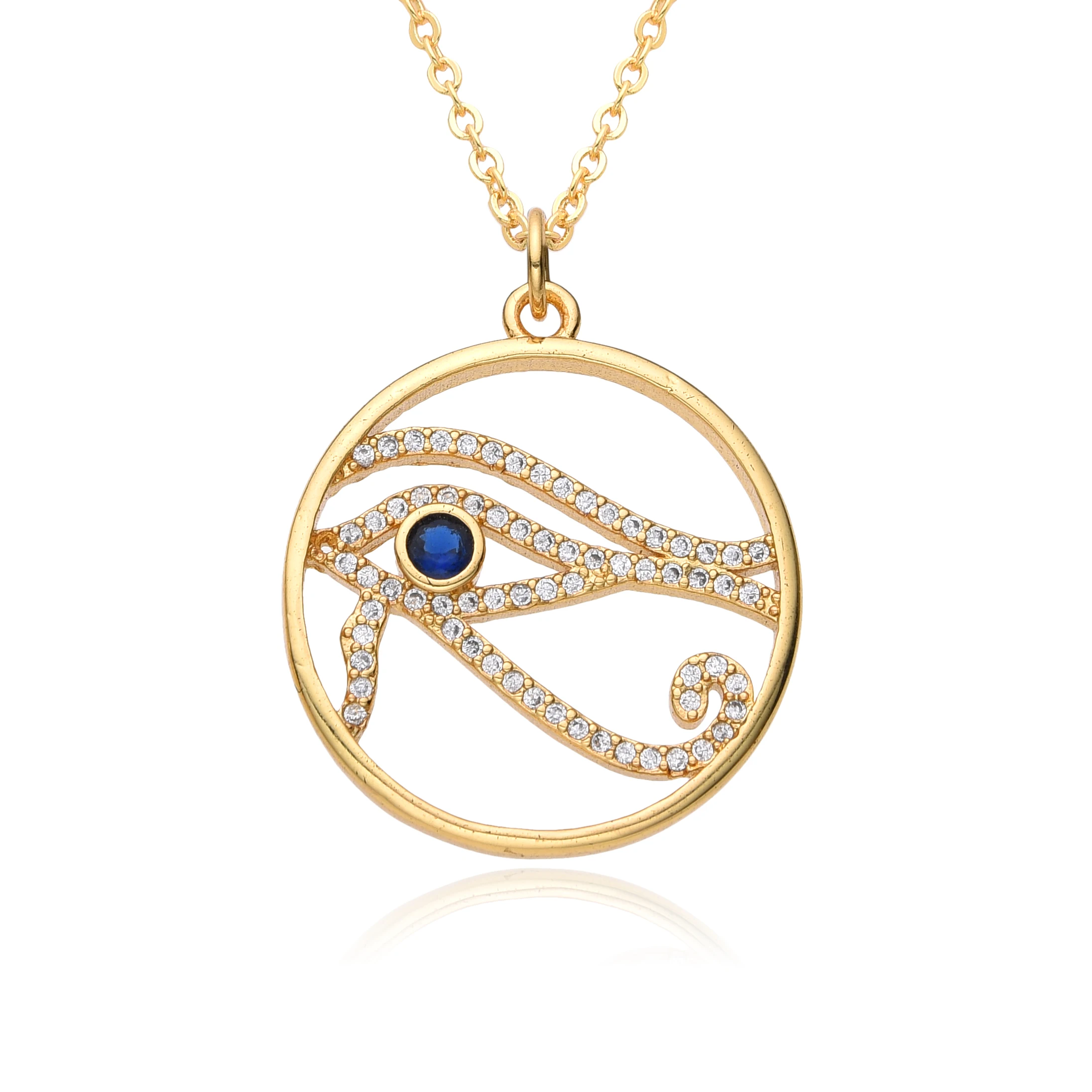 金メッキ ウェジャトアイ ホルスカードチャーム ブルー トルコアイ メダルネックレス エモ 幸運 邪眼 ペンダント 鎖骨チェーン ジュエリー 女性と男性へのギフト 卸売