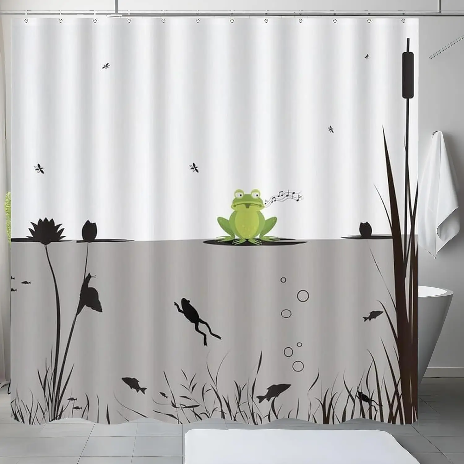 

Cute Singing Frog Pond Scene Shower Curtain, Cartoon Water Lily & Fish Pattern Waterproof Fabric Bath Curtain with Hooks