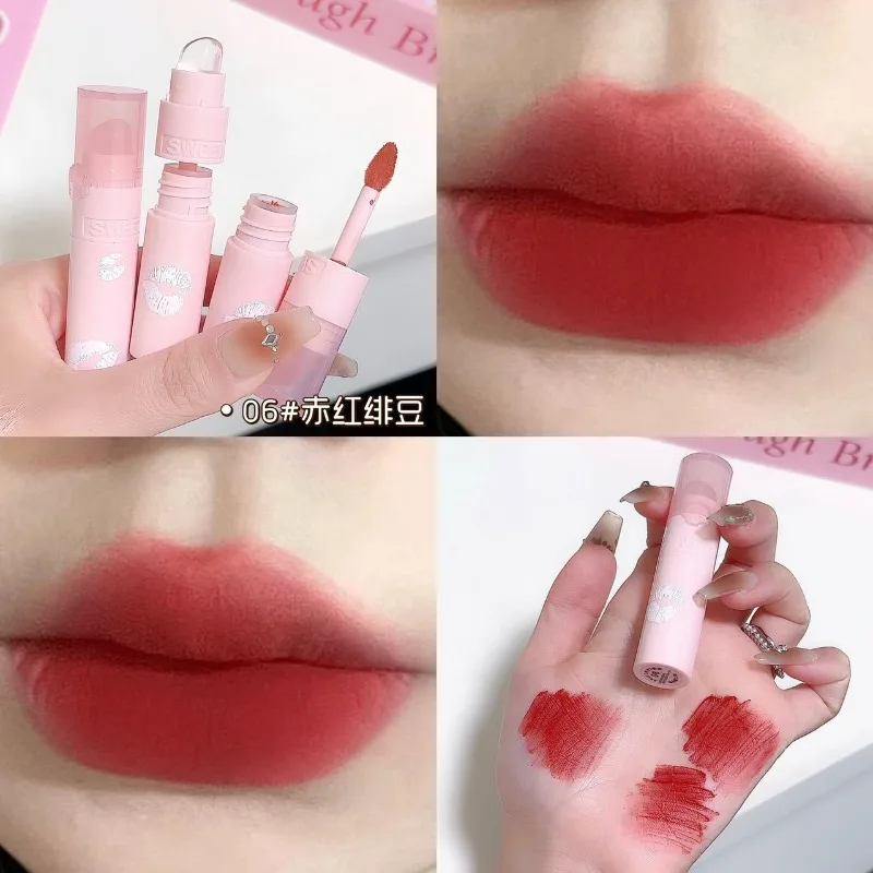 Lucidalabbra opaco in velluto con pennello per labbra in silicone Impermeabile a lunga durata Rossetto a bassa saturazione Labbra Guancia Rouge Tinta Cosmetico coreano