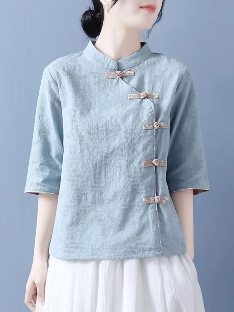 

Japanese Sle Cotton Linen ort Sve irt Women's Chinese Sle Button Side Slit Stand Collar Thin Top Summer Faion