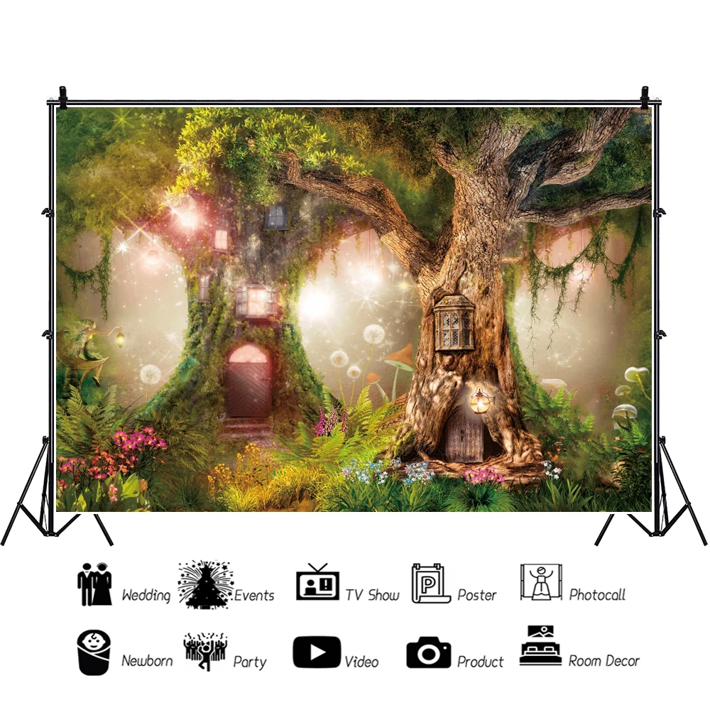 Laeacco Enchanted Forest Backdrop Fairy Tale Garden Magic Mushroom Flowers Girl Birthday Portrait Custom Photography Background