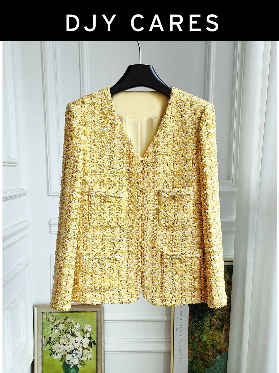 

New Fashionable V-neck exquisite wheat gold floral coat mid length top big size