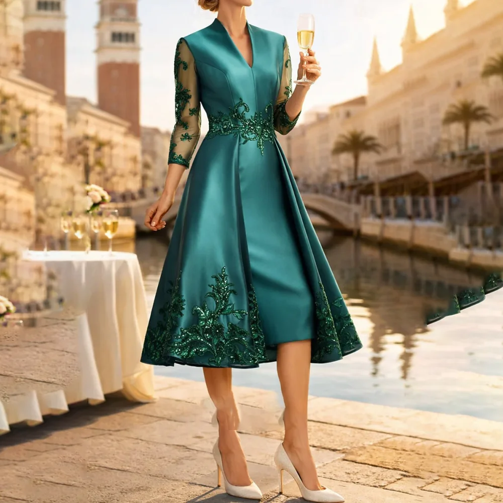 Customized Teal Appliques V-Neck Mother Of Bride Dresses, 3/4 Sleeves Sheer Lace Sequined Satin A Line Midi Wedding Evening Gown
