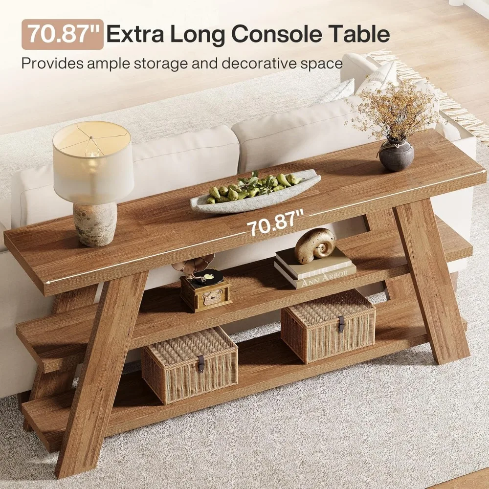 Extra Long 70.9 Console Table with 3-Tier Storage, Narrow Wooden Sofa Table for Behind Couch, Farmhouse Style Entry Foyer Table