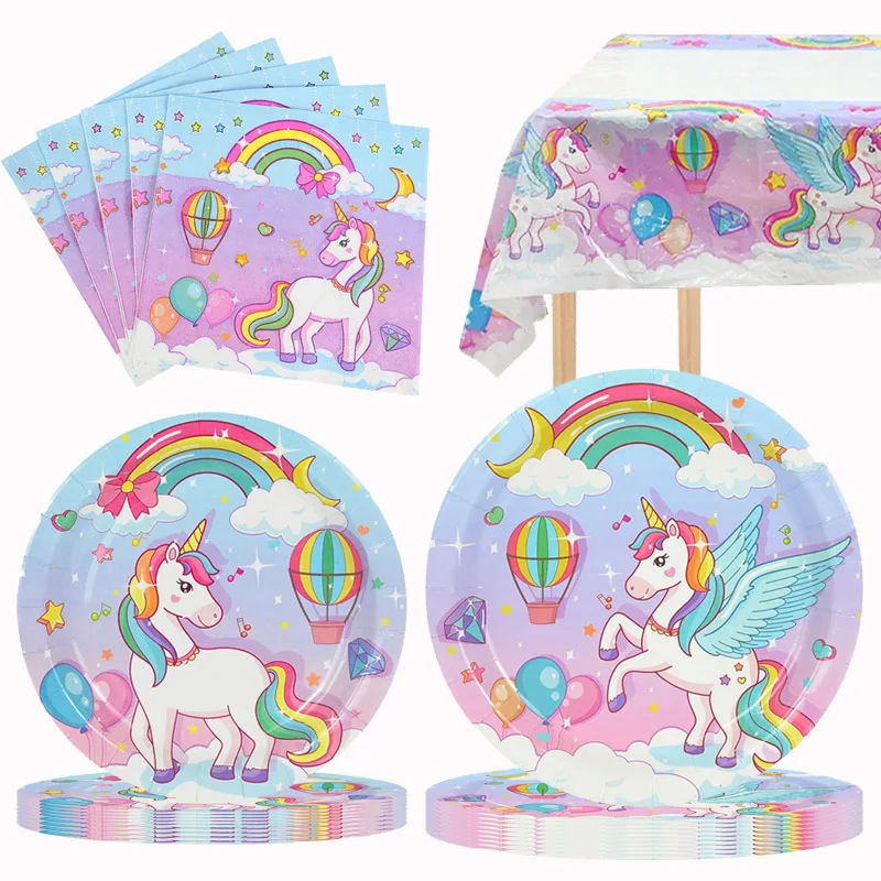 Unicorn Party Disposable Tableware Plates Cups Napkins Tablecloth Girl Birthday Unicorn Party Decoration Baby Shower Supplies