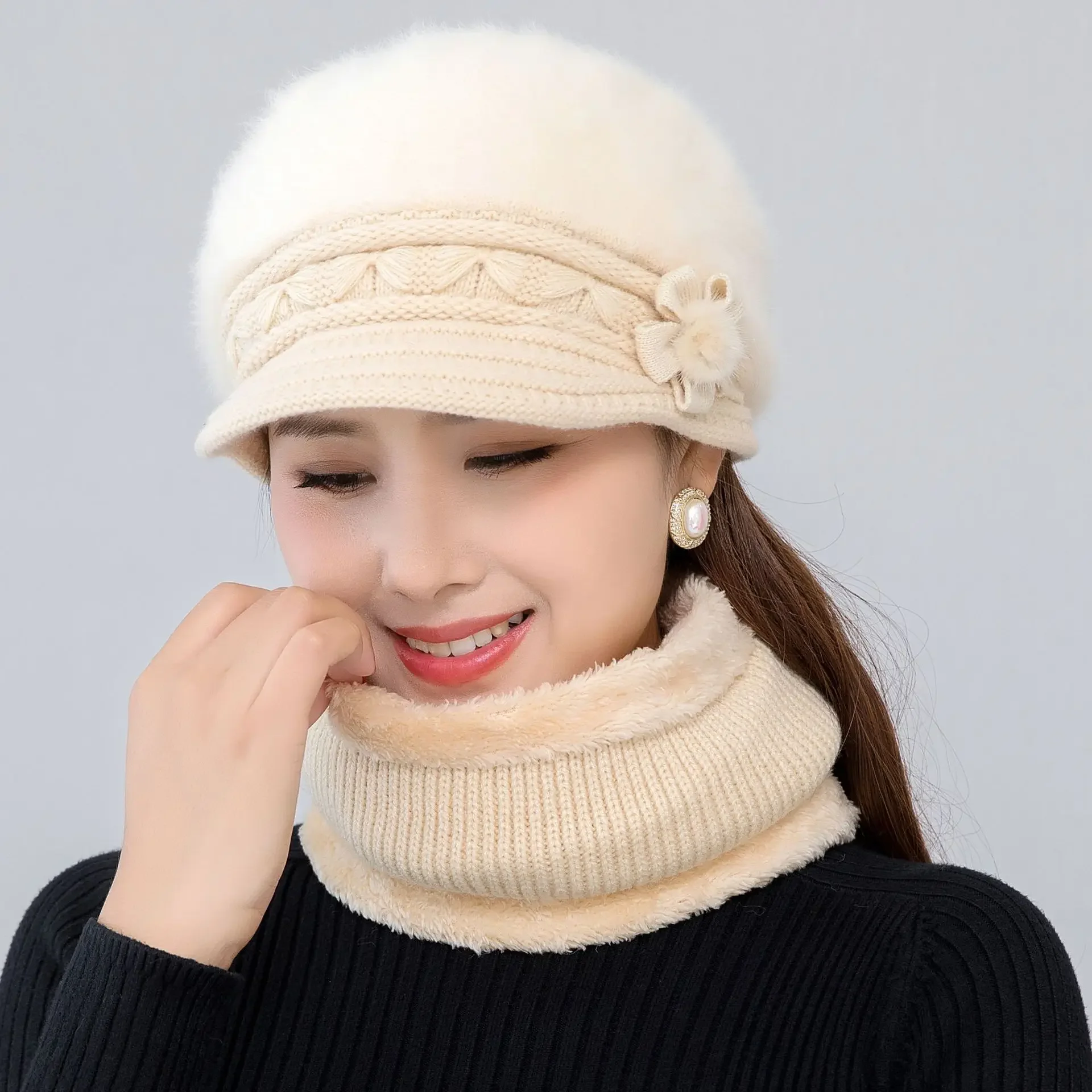 Hot Women Winter Hat Keep Warm Cap Add Fur Lined Hat And Scarf Set Warm Hats For Female Casual Rabbit Fur Winter Knitted Hat