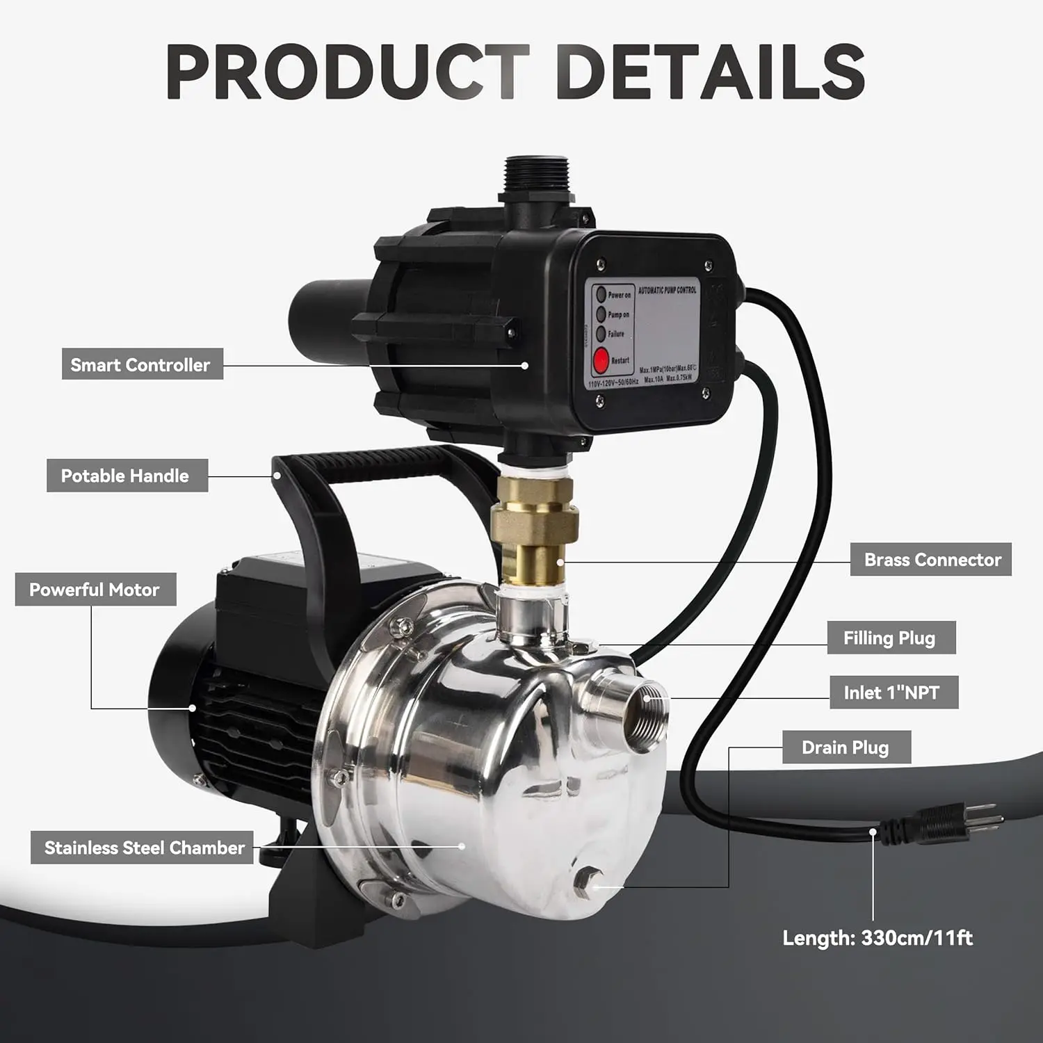 Stainless Steel Water Pressure Booster Pump w/Smart Controller for Tankless Water Supply Pressurization