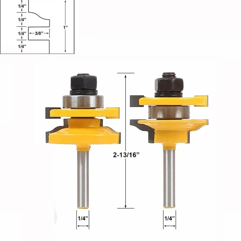 

1/4" 2pcs Rail and Stile Router Bit Set Door Window Woodworking Knife Tenon Cutter for Wood Mil