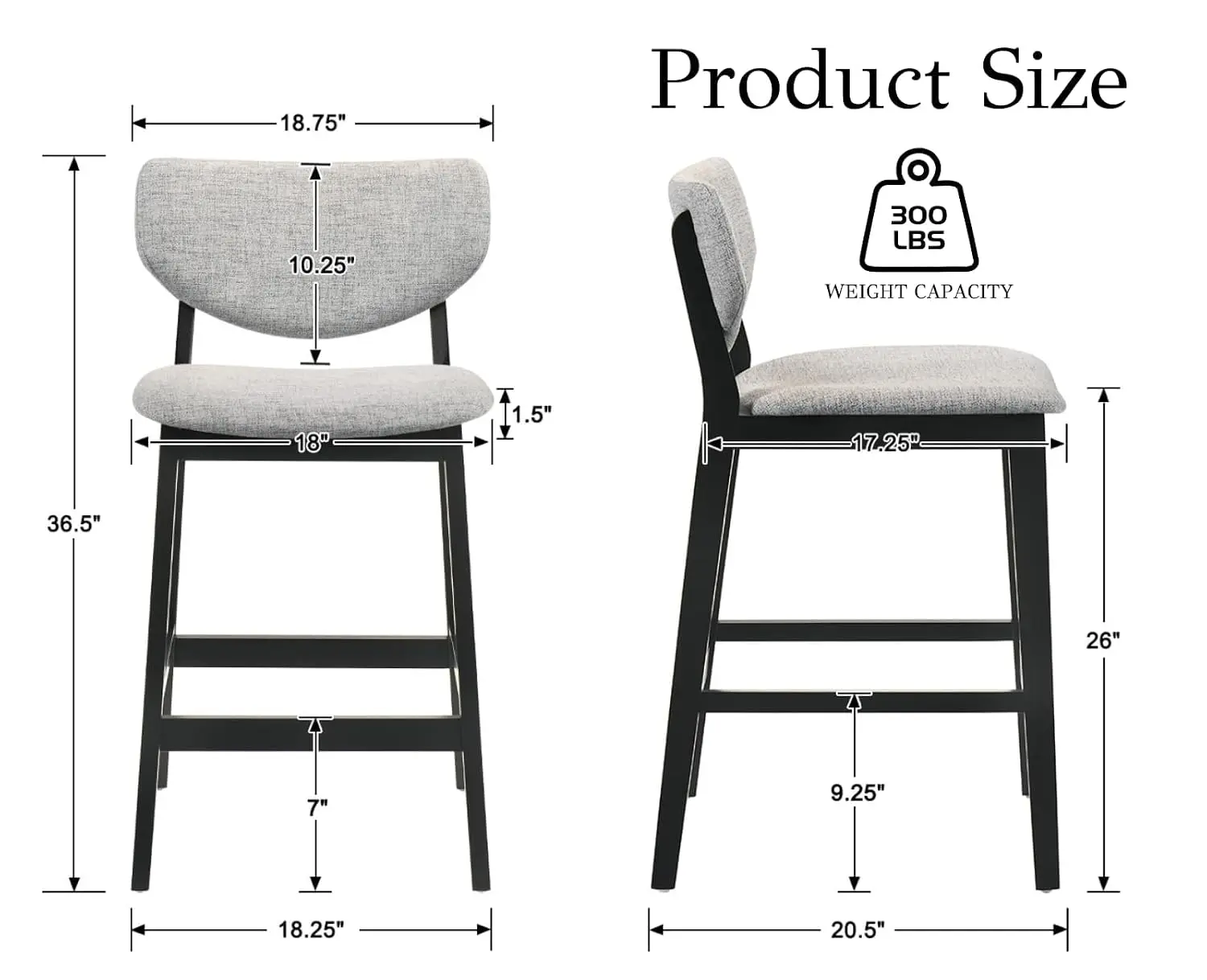 Counter Height Bar Stools 6 with Backs, Linen Fabric Upholstered Kitchen Dining Chairs Black Wooden Legs Grey, Customized