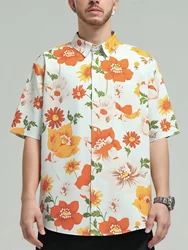 Sycpman Retro Plant Floral Print Short Sleeved Shirts for Men Trend Loose Couple Clothing Summer Hawaiian Casual Shirt