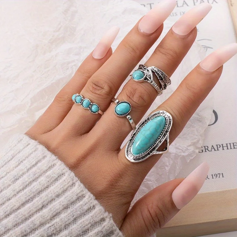 4Pcs/Set Vintage Bohemian Turquoise Ring Perfect for Women Daily Wear or Gifting