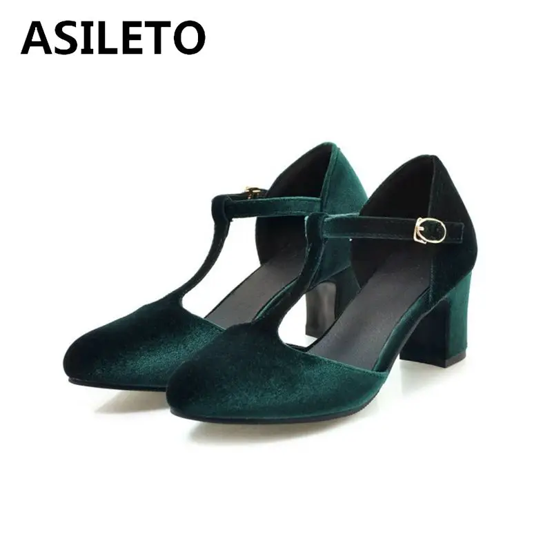 ASILETO Big size 44 45 46 strap sandals women wedding Shoes Buckle flock closed toe satin pumps shoes summer spring footwear