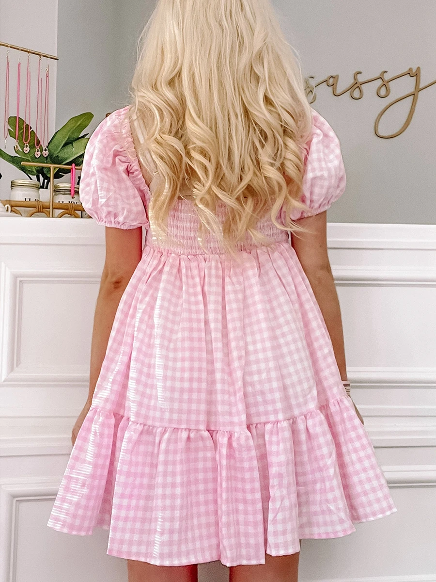 

Women Pink Princess Dress Puff Short Sleeve Boat Neck A-line Mini Dress Plaid Print Ruched Party Short Dress