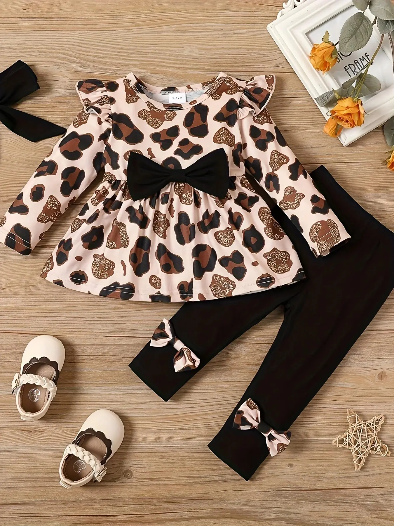 3 Pieces Of Baby Girl Spring And Autumn Leopard Print Small Flying Sleeve Tops And Bow Elastic Pants Trousers Suit And Black Bow