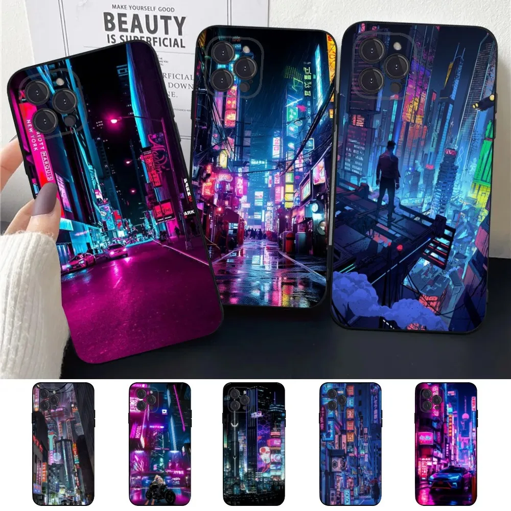 C-Cyberpunk City Night Cool  Phone Case For Apple iPhone 15,14,13,12,11,XS,XR,X,8,7,Pro,Max,Plus,mini Silicone Black Cover