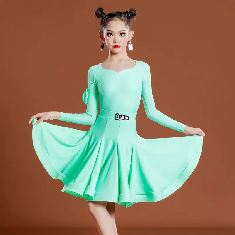 Kids Professional Latin Dance Costume Autumn Winter Large Flared Skirt Suit for Girls Competition Art Test and Level Exam Wear