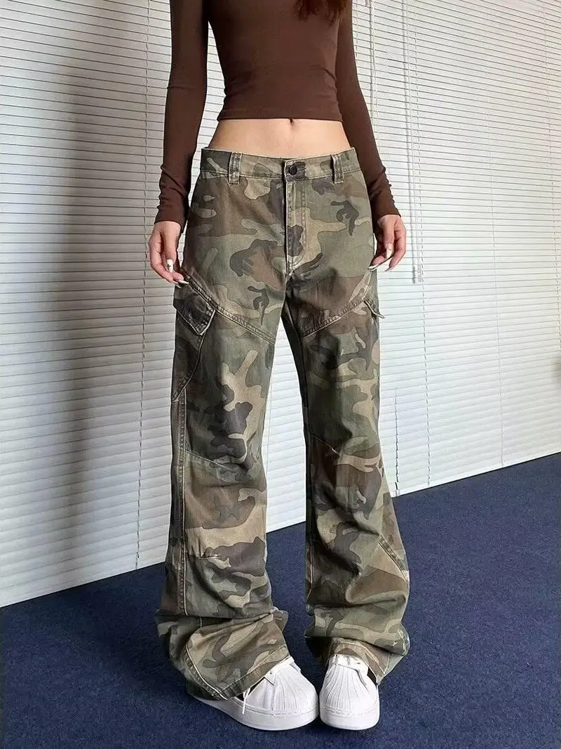 

American Camouflage Work Pants Loose Straight Leg Hiphop Trousers High Street Vibe Wide Leg Pants for Men And Women