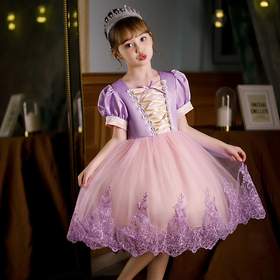 Vestido de princesa Rapunzel para niña, traje de algodón hasta la rodilla, bordado, juego de rol, 12M, 18M, 6 años