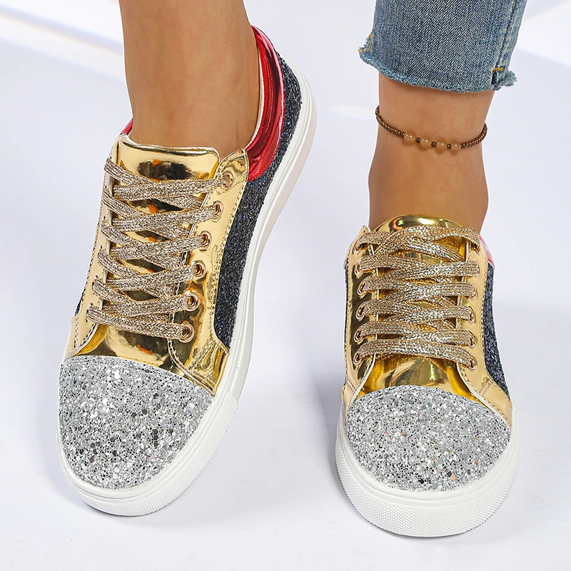 Luxury Multi Colored Glitter Platform Sneakers Women 2026 Spring Design Thick Sole Sport Shoes Woman Non Slip Flat Casual Shoes