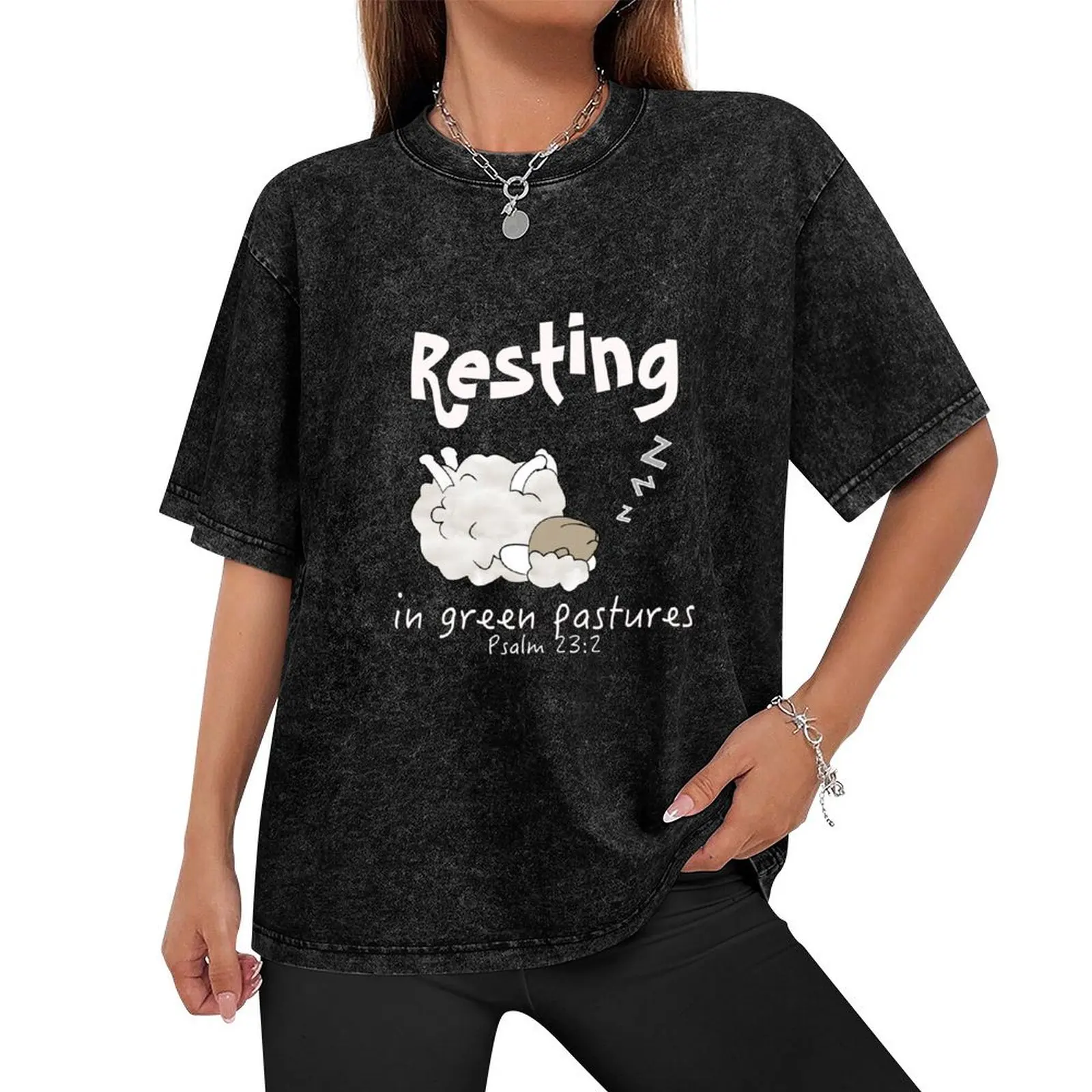 Christian Design - Sheep Resting in Green Pasture Psalm 23 T-Shirt summer tops blue lock customizeds men clothing