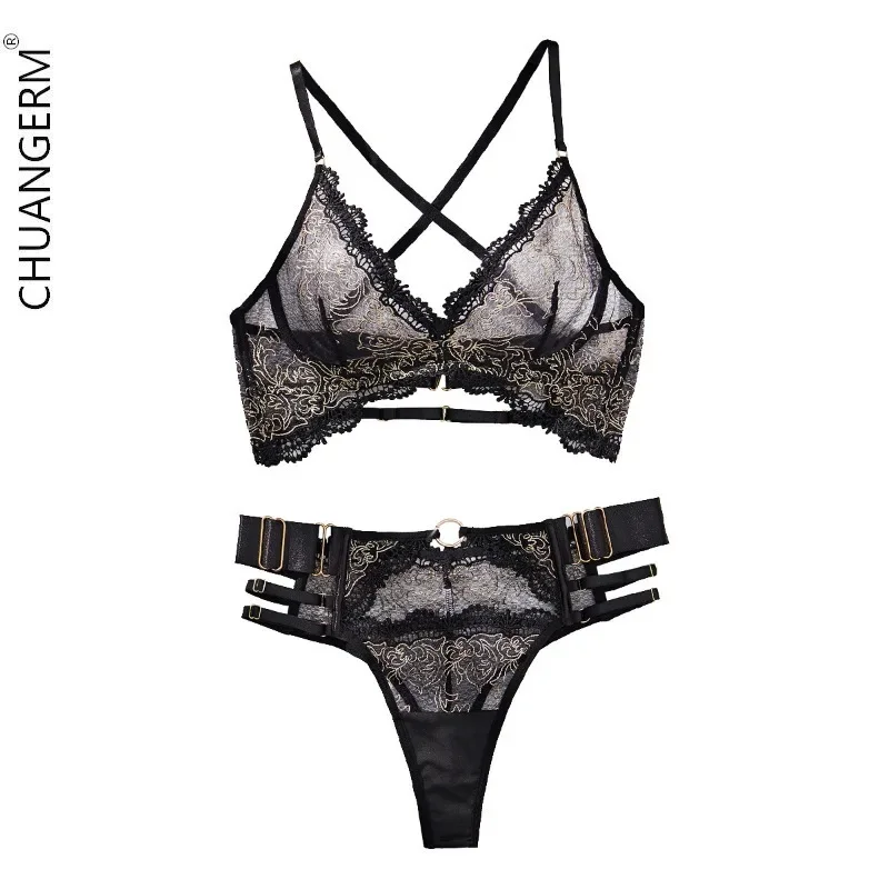 CHUANGERM Sexy Outfits Lingerie Bra Set Female Underwear Halter Neck Sexy Hollow Embroidery Erotic Low Cut Body Suit Bra Panties