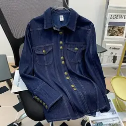 Hong Kong Style Retro Collar Denim Shirt for Women in Spring and Autumn 2024 New Fashion Versatile Loose Thin Top Jacket