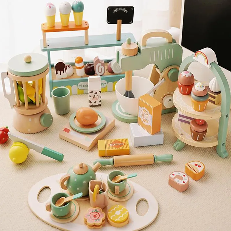 Wooden Pretend Play Set High Tea Set Toys Kitchen Playset Ice Cream Cake Toy for Kids Girls Boys Educational Toys Children Gifts