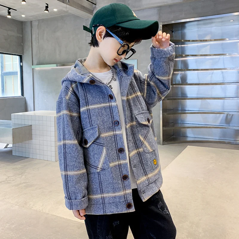 Boys Woolen Coat Overcoat Jacket Windbreak 2024 Plaid Warm Plus Thicken Autumn Winter Cotton Christmas Gift Children's Clothing